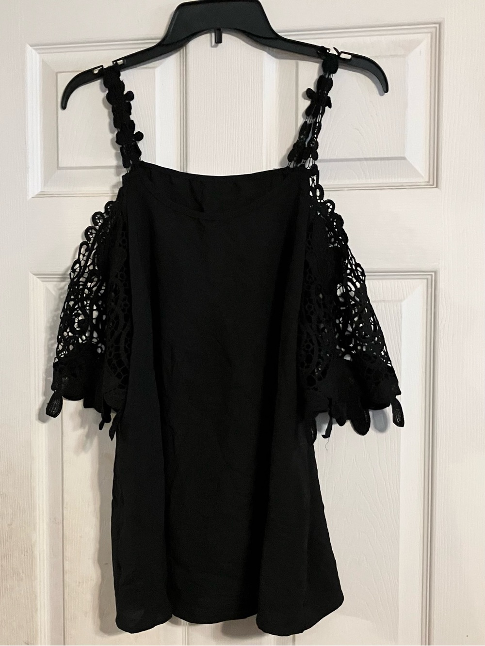 Black Crochet Lace Cold Shoulder Top Crochet Straps Short Sleeve Blouse Size XL